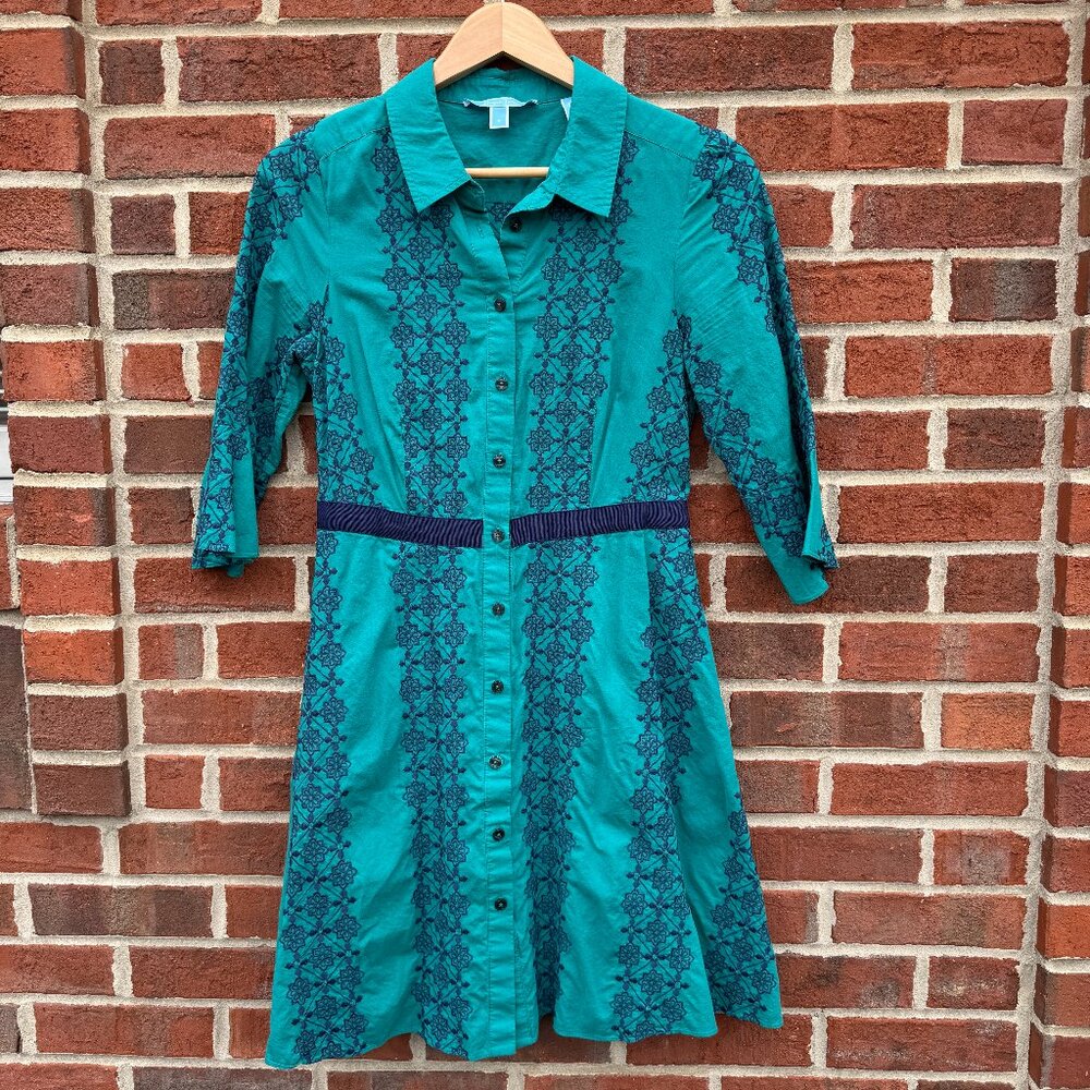 Draper James Honeycomb Embroidered Shirt Dress Size 6 Teal Green Pockets Career